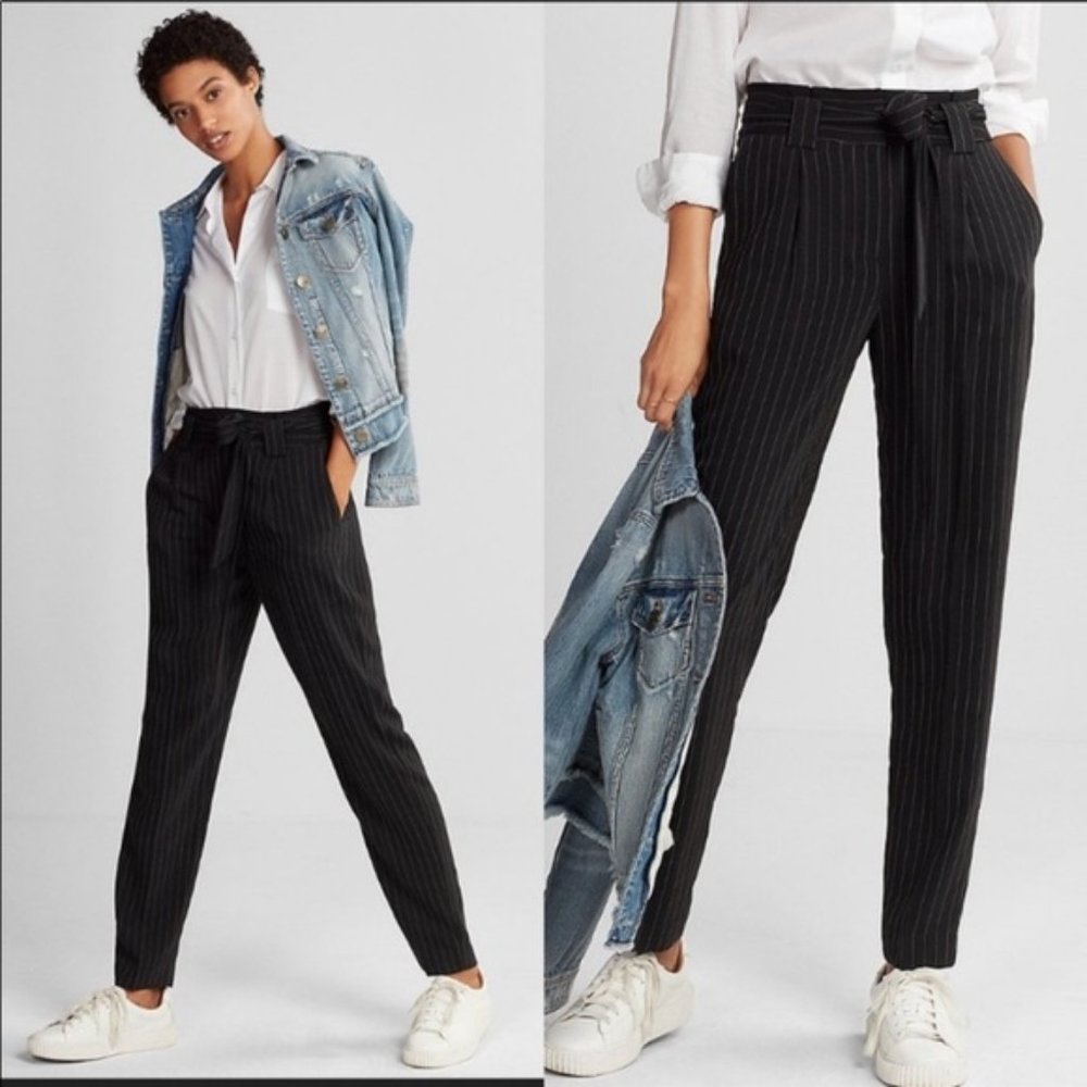 High Waisted Paperbag Pant in Pinstripe with Tie